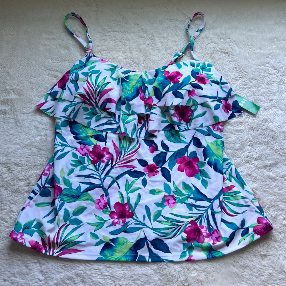 Riviera Womens Swim Tropical Floral Ruffle Tankini Top White‎ Pink Green Large